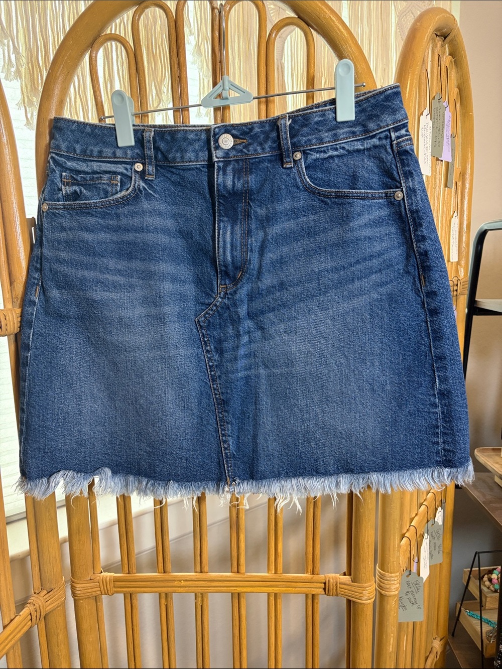 LOFT Dark Blue Denim Frayed-Hem Mini Skirt